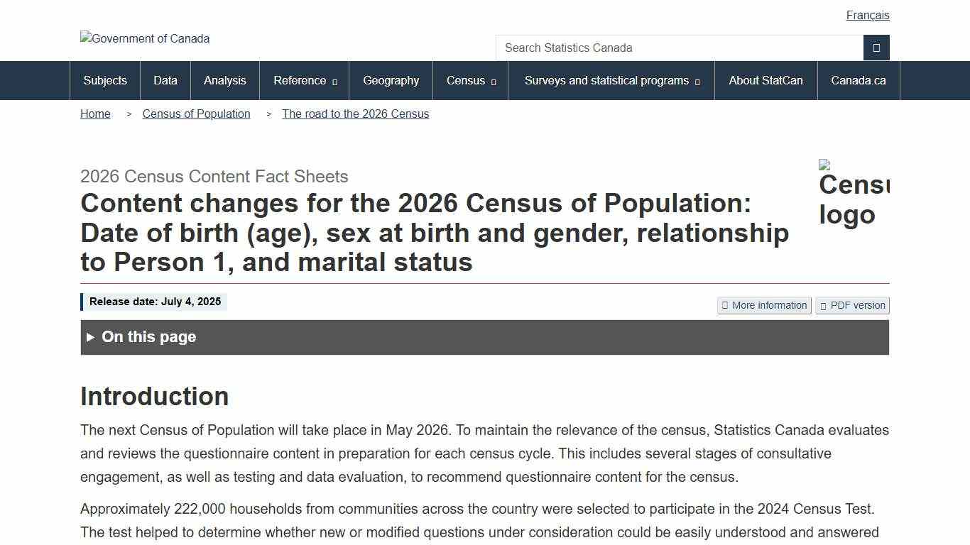 Content changes for the 2026 Census of Population: Date of birth (age), sex at birth and gender, relationship to Person 1, and marital status